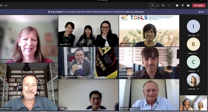 GCC.EU(Global Cosmetics Cluster) 24개국 대표단 온라인 화상 회의장면. 화면 중앙이 IBITA 윤주택 회장.
