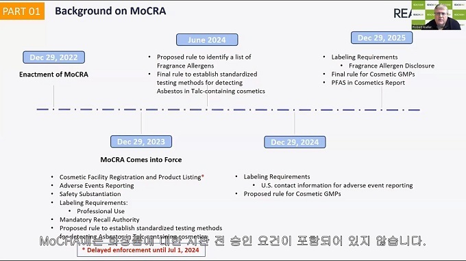 리이치24시USA 로버트 키퍼 대표는 MoCRA 일정과 가이던스 내용을 해설했다.