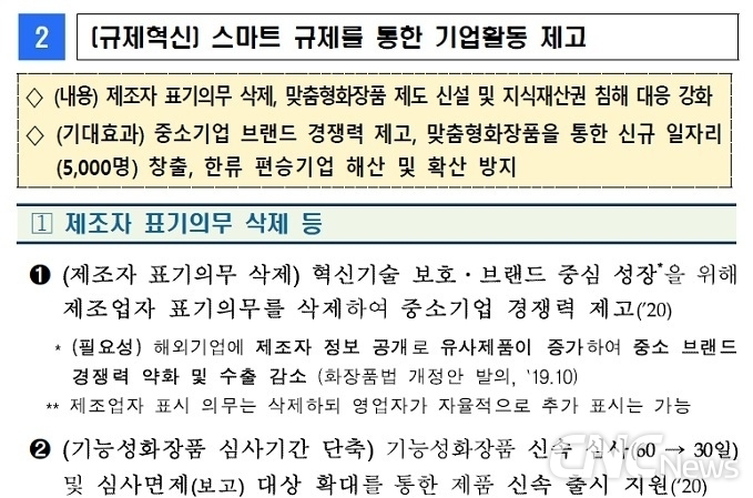 (K-뷰티) 미래 화장품산업 육성방안('19.12) 관계부처 합동의 문건에는 "규제혁신 1호로 제조자 표기 의무 삭제'를 명기하고 있다. 이를 추진하는 화장품법 개정안이 발의됐으나 일부 제조사 반대로 폐기될 운명에 처해졌다.